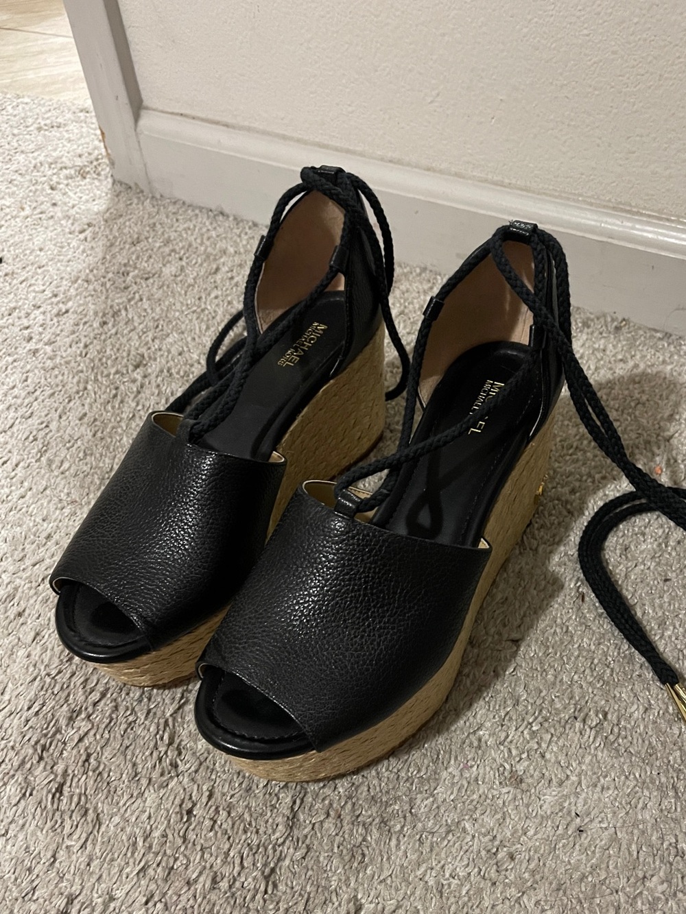 MICHAEL Michael Kors Black Leather Peep-Toe Wedge Espadrilles